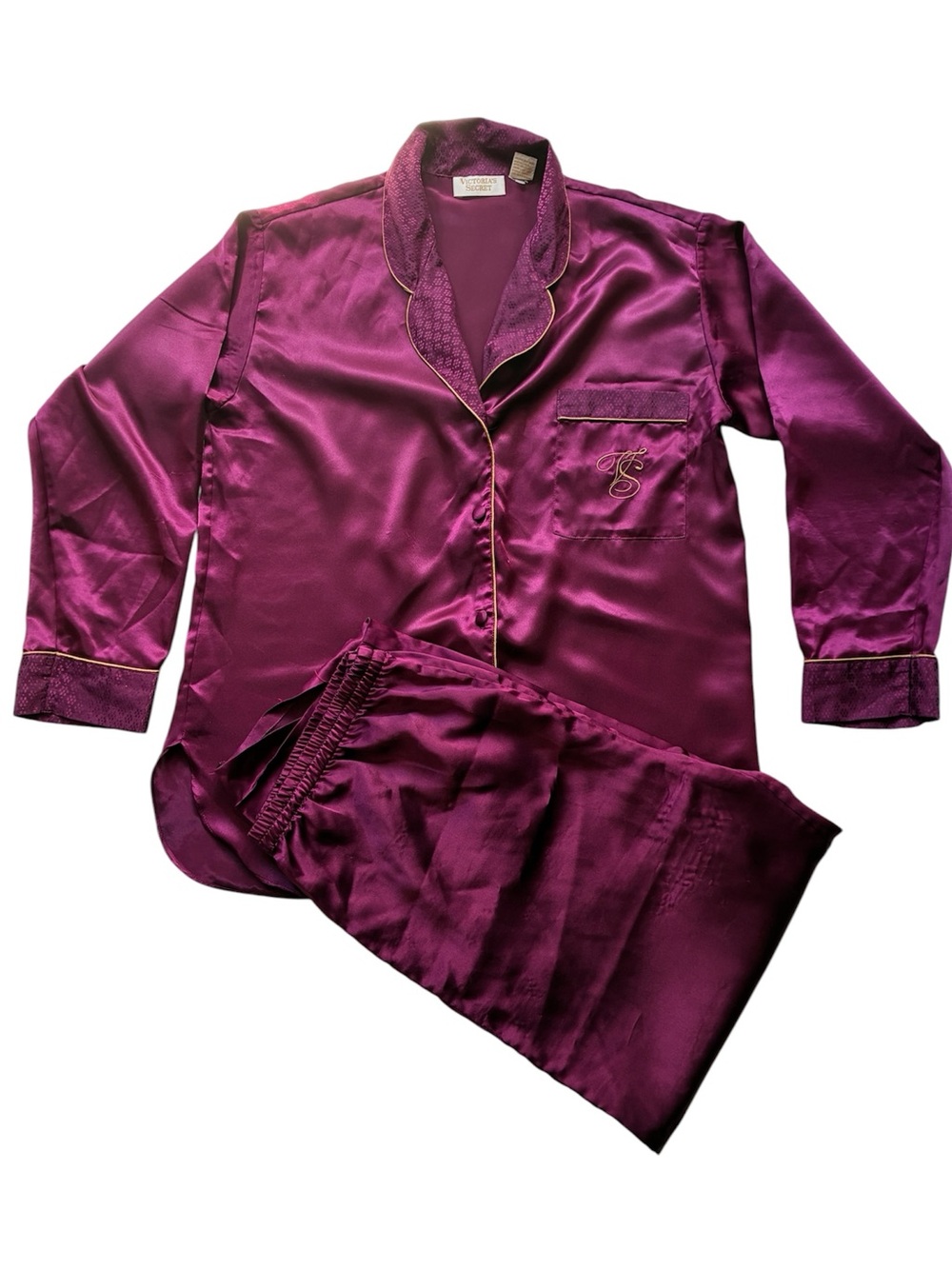 Victoria's Secret Vintage Gold Label Burgundy Satin Pajama PJ Set Size Small